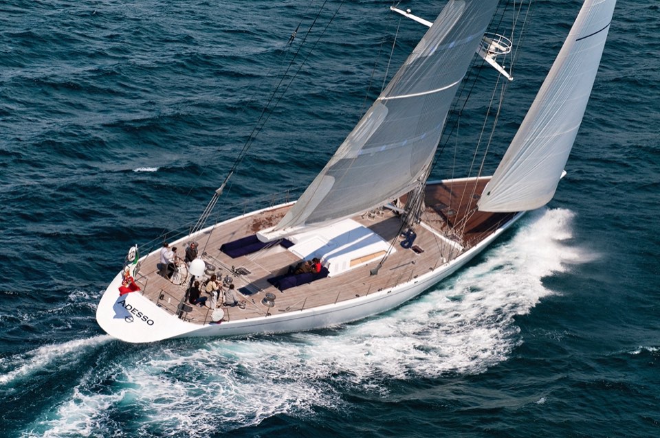 Aerial view of the deck and crew of S/Y Adesso
